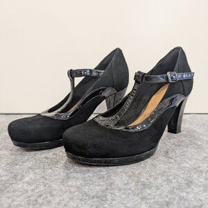 Clarks Artisan Chorus Pitch T-Strap Suede Black High Heels Size 6